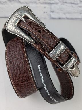 Vtg 1996 Western ENGRAVED AMERICAN BISON Brown Leather Ranger Belt Size 42